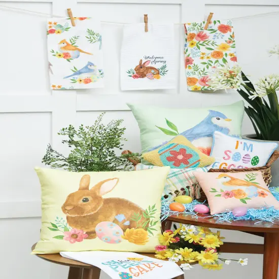 Green Floral Bird Woven Spring Easter Themed Accent Throw Pillow, 18" x 18" {3}