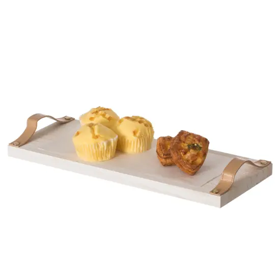 Decorative Natural Wooden Rectangular Tray Serving Board with Brown Leather Handles {1}