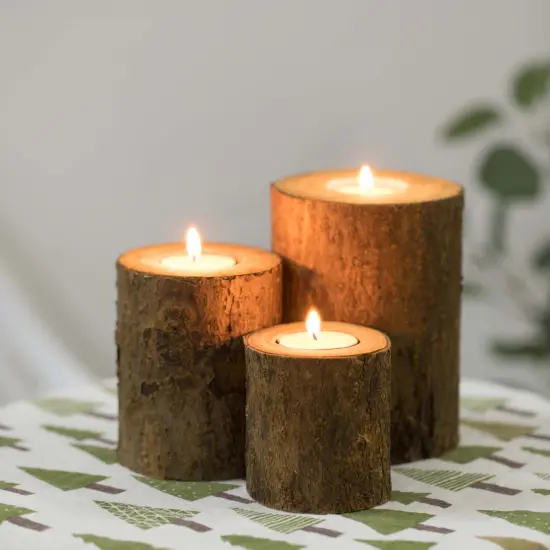 Bark Wooden Pillar Tree Stump Tea Light Rustic Candle Holder - Set of 3 {3}