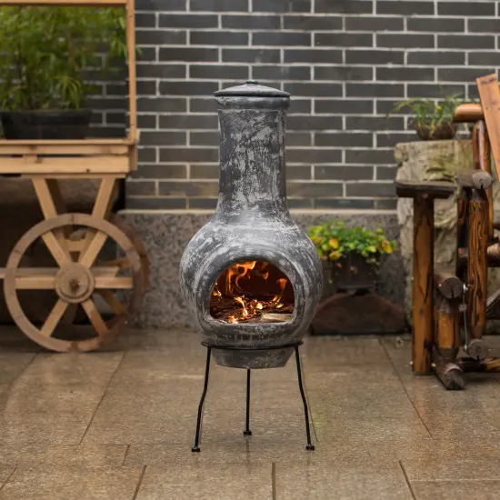 Gray Outdoor Clay Chiminea Outdoor Fireplace Stoney Scribbled Design Charcoal Burning Fire Pit with Sturdy Metal Stand, Barbecue, Cocktail Party, Family Gathering, Cozy Nights Fire Pit {2}