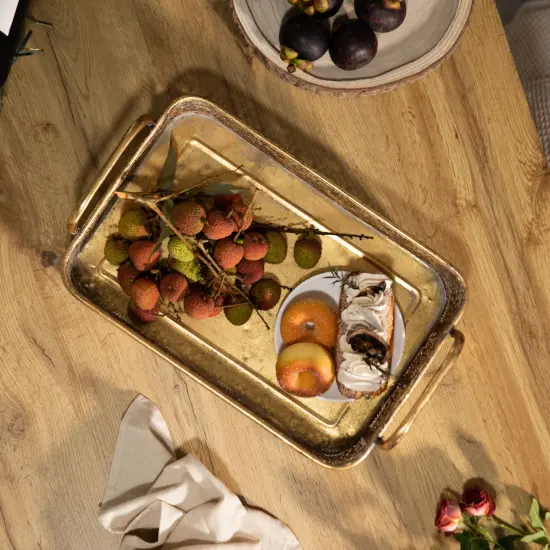 Metal Gold Rectangular Serving Tray with Oval Design and Handles {5}