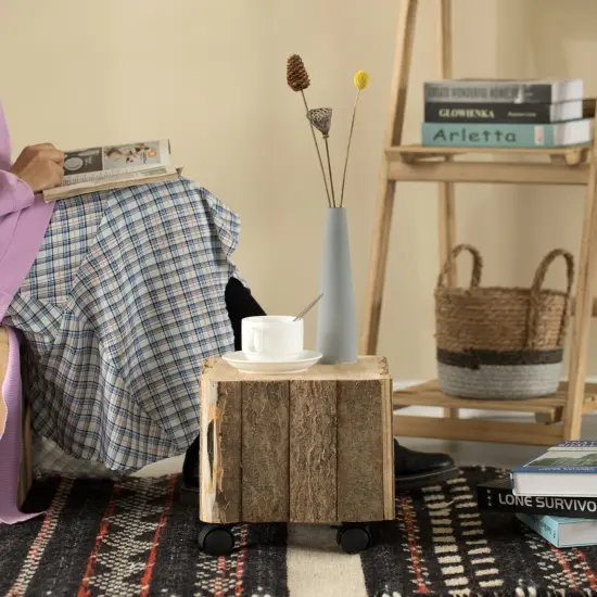 Accent Decorative Natural Wooden Square Stump Stool, with Wheels for Indoor and Outdoor {5}