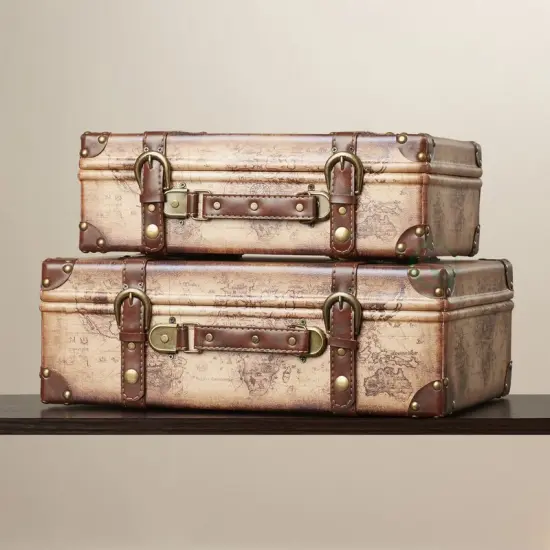 Old World Map Leather Vintage Style Suitcase with Straps, Set of 2 {2}
