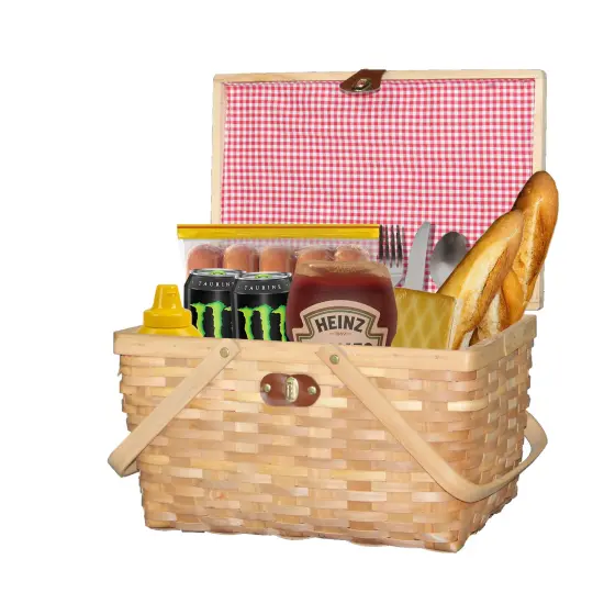 Gingham Lined Woodchip Picnic Basket With Lid and Movable Handles {1}