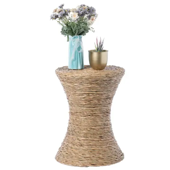 Decorative Round Wicker Side Table Hourglass Shape Accent Coffee Table {1}