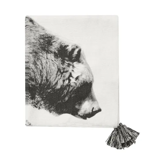 Bear in Forest Grayscale Printed 100% Cotton Throw Blanket w/ Tassels 50" x 60" {4}