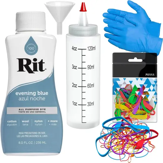 Rit Dye Liquid Evening Blue All-Purpose Dye 8oz, Pixiss Tie Dye Accessories Bundle {1}