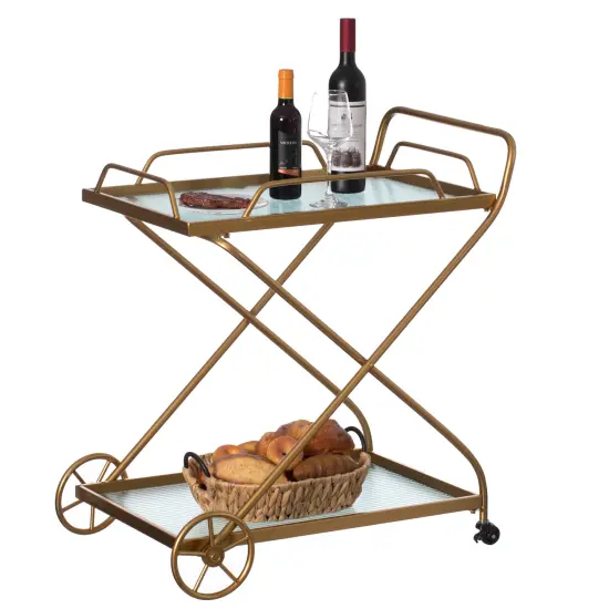 Gold Metal Wine Bar Serving Cart with Rolling Wheels and Handles for Dining, Living room or Entryway {1}