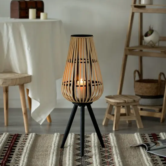 Indoor and Outdoor Modern Natural Bamboo Decorative Lantern with Black Stand and Glass Candle Holder {2}