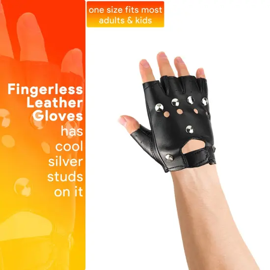 Gothic Fingerless Biker Gloves - 80s Style Black Leather Punk Biker Gloves with Studs for Men Women and Kids {2}