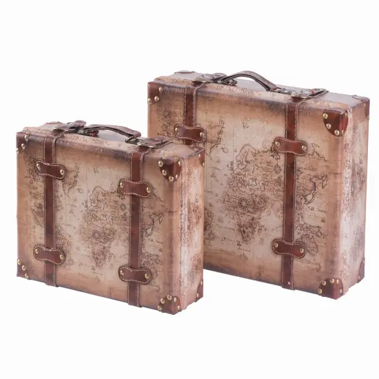 Set of 2 Vintage-Style World Map Leather Suitcase Trunks with Straps and Handle {1}