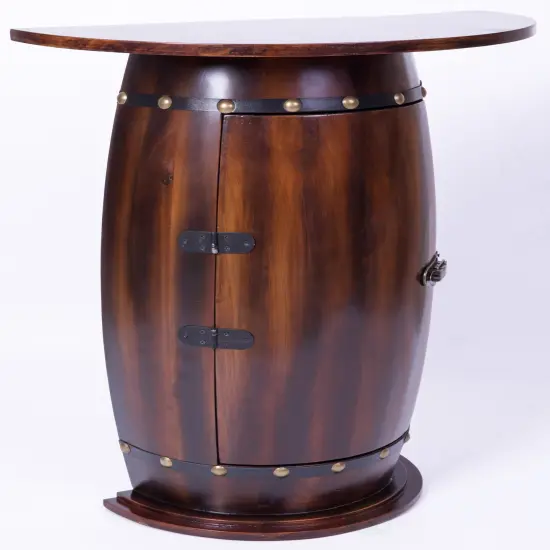 Rustic Lockable Barrel Shaped Wine Bar Cabinet Wooden End Table {3}