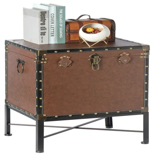 Faux Leather Trimmed Lockable Square Lined Storage Trunk, End Table on Metal Stand Brown {1}