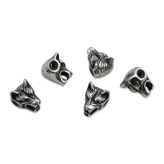 John Bead Antique Stainless Steel Beads - Wolf Head 2, 11 x 14 mm, Pkg of 5 {1}