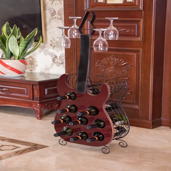 Vintage Wood and Metal Guitar Shaped 9 Bottle Freestanding Decorative Wine Holder {2}