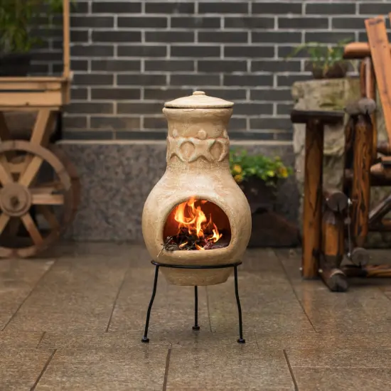Beige Outdoor Clay Chiminea Outdoor Fireplace Maya Design Charcoal Burning Fire Pit with Sturdy Metal Stand, Barbecue, Cocktail Party, Family Gathering, Cozy Nights Fire Pit {2}