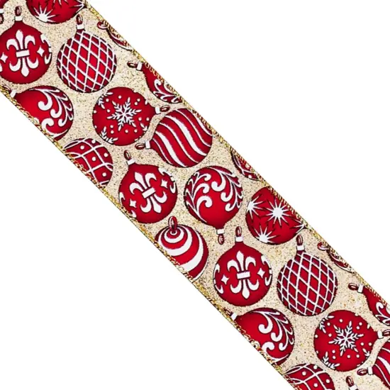 Designer&rsquo;s Shop WR 63-5182 Holiday Red/White Ornaments Wired edge ribbon 2.5&rdquo; x 10 yard {4}