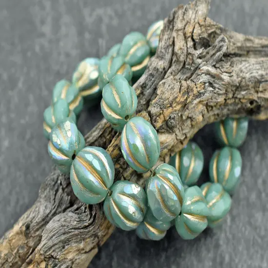 *12* 10mm Gold Washed Turquoise AB Faceted Round Melon Beads {4}
