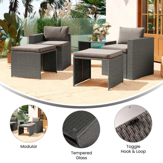 Merrick Lane Canzo Woven Rattan Modular Sofa Set for Indoor/Outdoor Use with Loveseat, Ottomans, and Tempered Glass Table GrayFabric/GrayFrame {4}