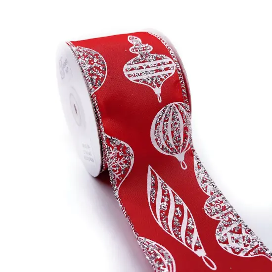 Designer’s Shop WR 63-5184 Holiday Glitter Silver Ornaments Wired edge ribbon 2.5” x 10 yard {1}