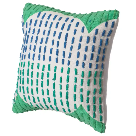 16" Handwoven Cotton Throw Pillow Cover with Ribbed Line Dots and Wave Border Blue with Cushion {8}