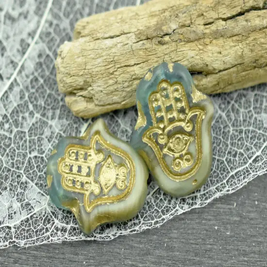 *10* 15x14mm Golden Bronze Washed Matte Beige Aqua Hamsa Hand Beads {3}