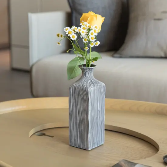 Grey Striped Decorative Square Table Centerpiece Flower Vase Display Modern Home Decor Accent Stylish Elegant Ornamental Accessory Floral Arrangement Holder Living Room Dining Room Kitchen Decoration {2}