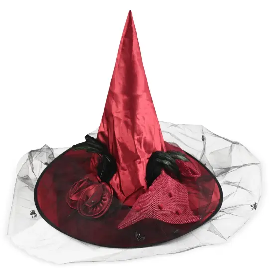 Deluxe Pointed Witch Hat - Glamorous Red Witches Accessories Fancy Satin Hat with Bow, Spiders and Black Feathers {1}