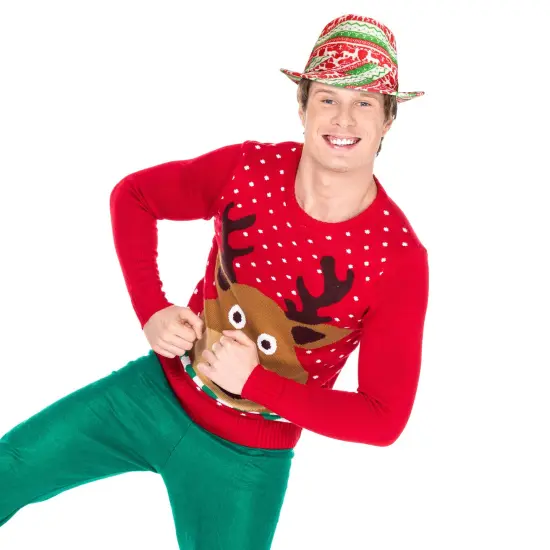 Ugly Sweater Fedora Hat - Funny Christmas Holiday Red and Green Ugly Sweater Party Hat for Adults and Kids {4}