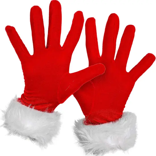Red Fur Costume Gloves - Red Velvet Gloves with White Furry Cuff Accessories for Costumes for Women and Kids {1}