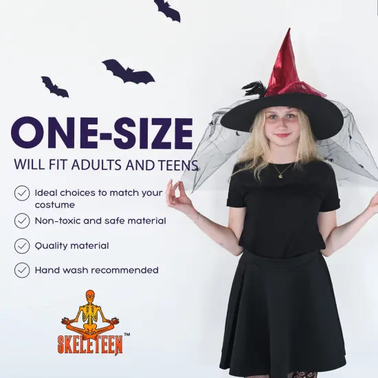 Deluxe Pointed Witch Hat - Glamorous Red Witches Accessories Fancy Satin Hat with Bow, Spiders and Black Feathers {6}