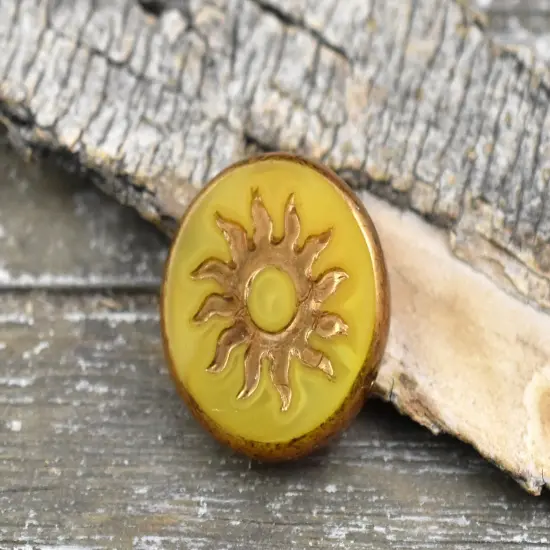 21mm Gold Washed Sunflower Yellow Opal Table Cut Sun Design Coin Beads - 2 Beads {5}