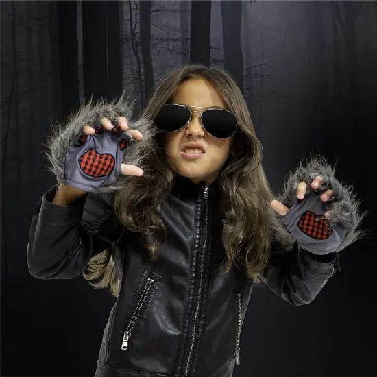 Wolf Paw Costume Gloves - Grey Hairy Werewolf Claw Cuffs Hands Monster Animal Hand Paws Costume Accessories for Kids and Adults {2}