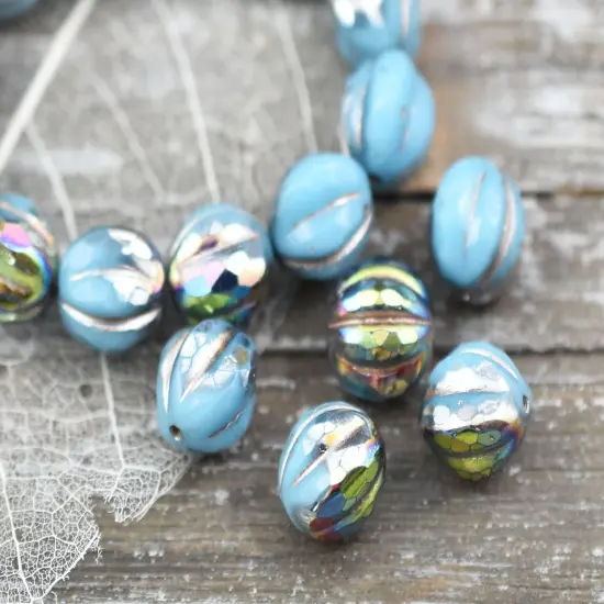 *12* 10mm Metallic Beige Washed Opaque Sky Blue AB Faceted Round Melon Beads {2}