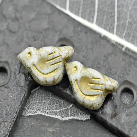 *6* 11x22mm Gold Washed Matte White Luster Bird Beads {1}