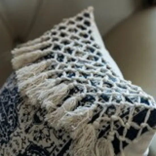 16" Handwoven Cotton Throw Pillow Cover with Traditional Pattern and Tasseled Top Navy {3}