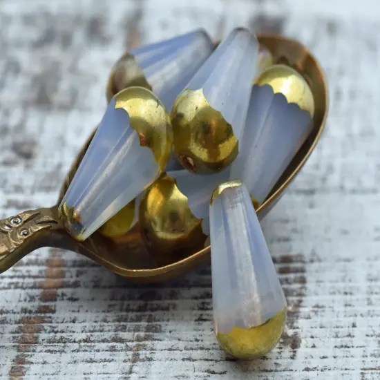 *8* 8x15mm Gold Tipped Milky White Picasso Faceted Drop Beads {5}