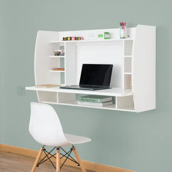 Versatile Wall Mount Floating Computer Desk - Stylish and Space-Saving Writing Study Table with Shelves - Ideal for Living Room, Bedroom, and Home Office Black {12}