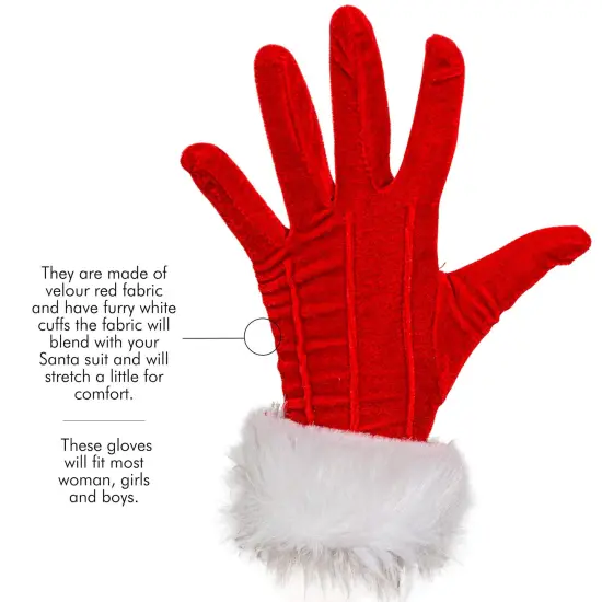 Red Fur Costume Gloves - Red Velvet Gloves with White Furry Cuff Accessories for Costumes for Women and Kids {6}