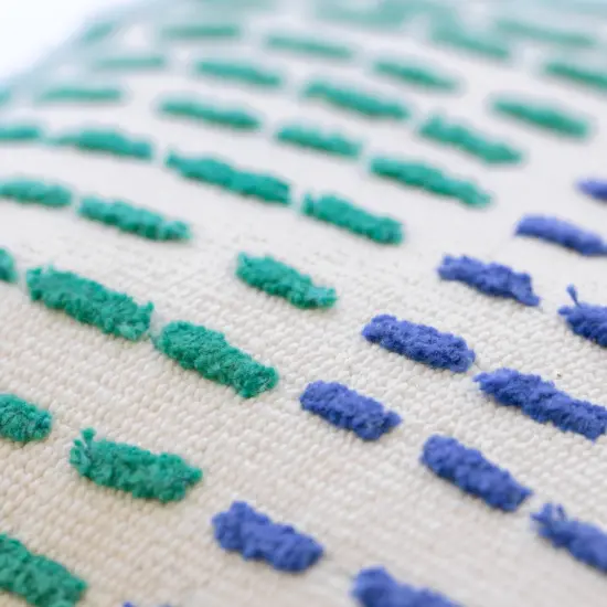 16" Handwoven Cotton Throw Pillow Cover with Ribbed Line Dots and Wave Border Blue with Cushion {3}