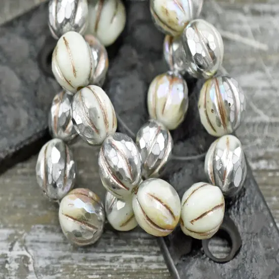 *12* 10mm Metallic Beige Washed Silvered Ivory Faceted Round Melon Beads {3}