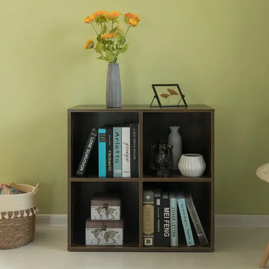 Modern Wooden Toy Storage Bookshelf 4 Cube Organizer Square Bookcase Walnut {9}