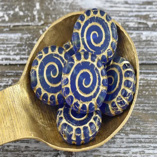 *2* 16mm Bronze Washed Matte Cobalt Spiral Coin Beads {3}