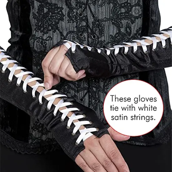 Fingerless Lace Up Gloves - Long Black Costume Elbow Arm Warmer Accessories with White Satin Laced Tie for Dress Up {5}