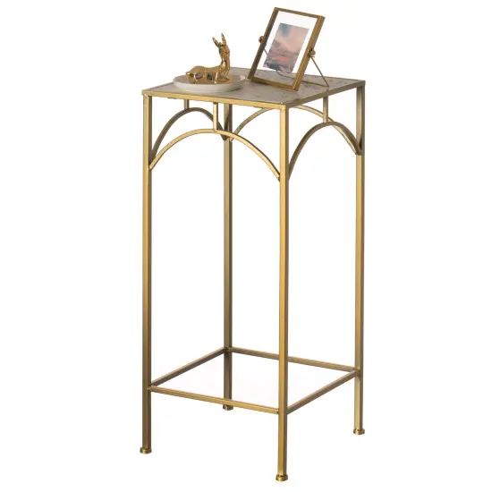 Decorative Gold Metal Square Plant Stand, Modern White Marble Look Top Display End Side Table, Set of 3 {2}