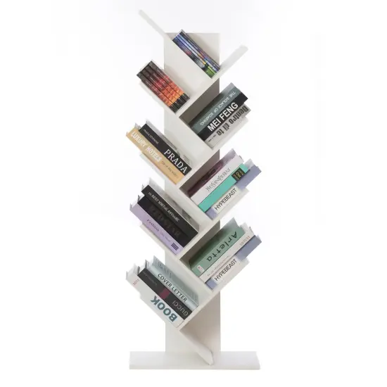 Wooden 9-Shelf Tree Magazine CD Storage Bookcase White {3}
