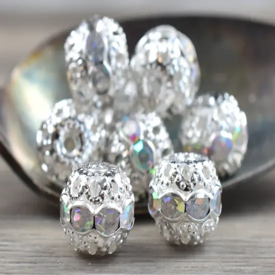 Bright Silver w/Crystal AB Rhinestone Filigree Round Beads -- Choose Your Size {4}