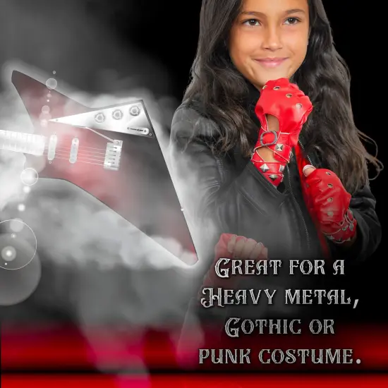 Fingerless Faux Leather Gloves - Red Biker Punk Gloves with Belt Up Closure and Rivet Design for Women and Kids {4}