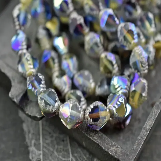 *15* 10x8mm Etched Silver Washed Amethyst Sapphire Jonquil Faceted Bicone Beads {2}