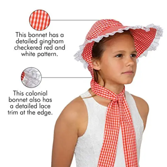 Colonial Pioneer Womens Bonnet - Revolutionary War Red and... Gingham Pilgrim Women Bonnets Sun Hats Dress Up Costume Accessories {3}